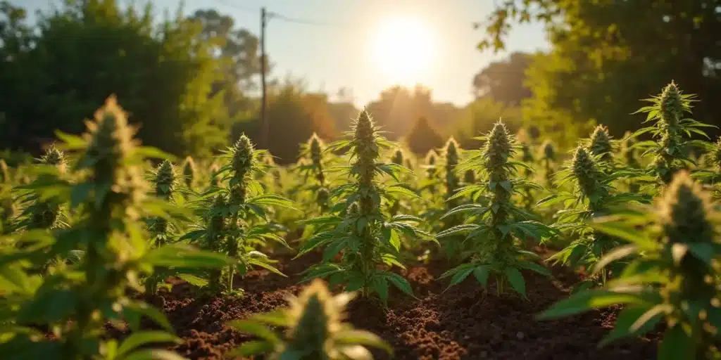 Outdoor cannabis field with short, budding plants under a bright sunset sky.