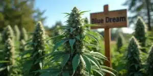A robust Blue Dream cannabis plant flourishing in an outdoor Northeast farm.