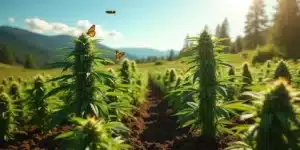 A scenic outdoor cannabis farm in Oregon, with flowering plants attracting pollinators.