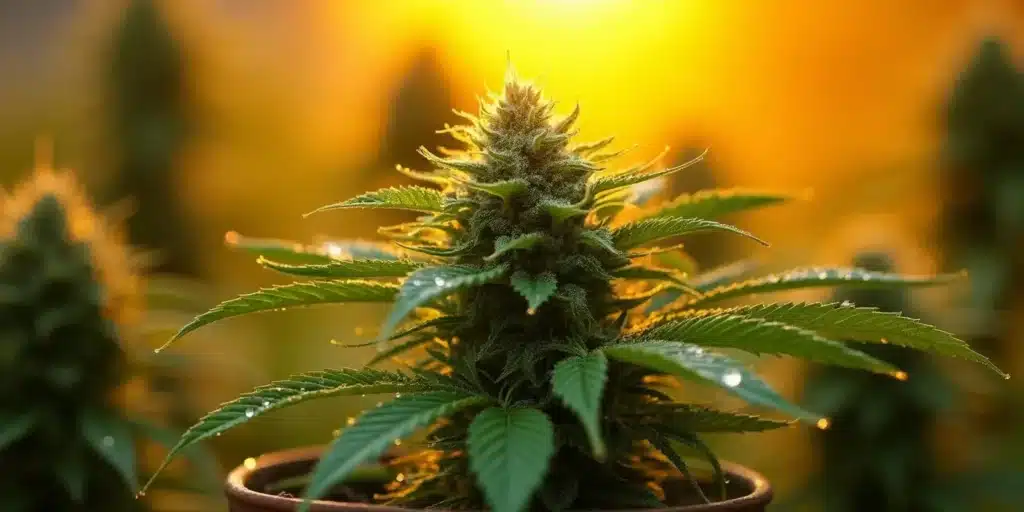 Growing weed in pots outdoors: healthy cannabis plant in a pot with dewdrops under morning sunlight.