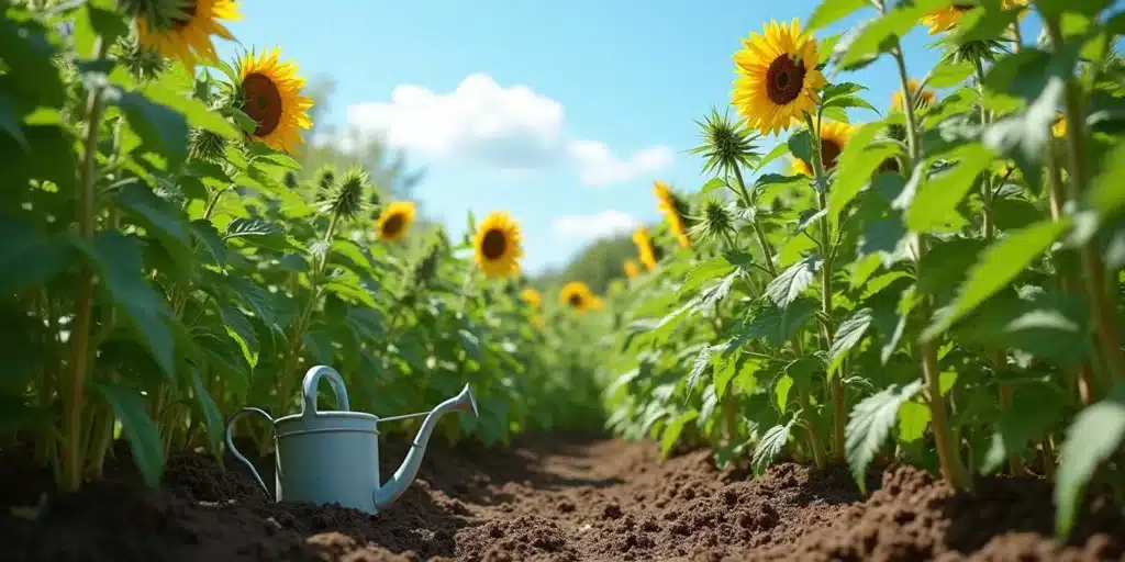 A well-maintained cannabis field growing alongside sunflowers,
