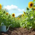 A well-maintained cannabis field growing alongside sunflowers,