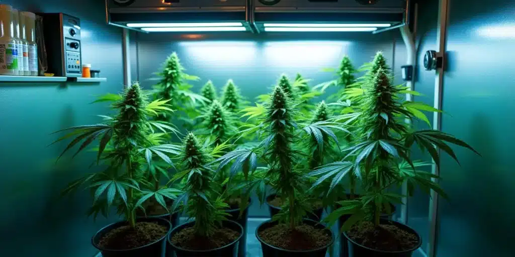 A well-maintained indoor cannabis grow room with artificial lighting.