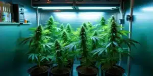 A well-maintained indoor cannabis grow room with artificial lighting.