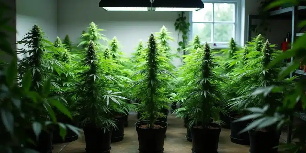 Short cannabis plants growing indoors under LED lights.