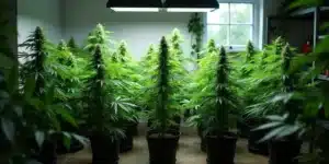 Short cannabis plants growing indoors under LED lights.