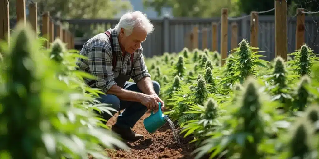 An elderly farmer watering flowering cannabis plants in an outdoor farm in Northern California.
