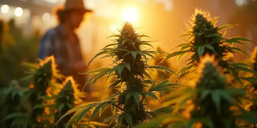 A large marijuana bud developing outdoors with a blurred grower in the background.