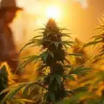 A large marijuana bud developing outdoors with a blurred grower in the background.