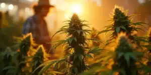 A large marijuana bud developing outdoors with a blurred grower in the background.