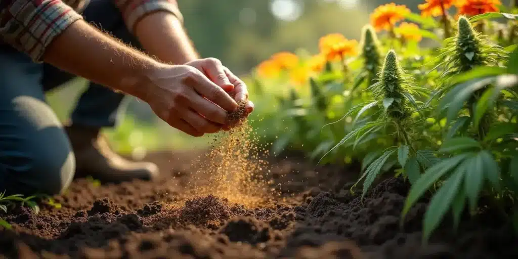 A grower spreading organic fertilizer onto soil near cannabis plants surrounded by marigolds. The best outdoor fertilizer for weed improves soil quality and boosts flowering.