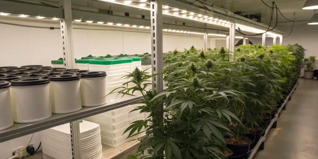 Indoor grow room showcasing thriving cannabis plants in vegetative stage with best fertilizer for cannabis vegetative stage in use.