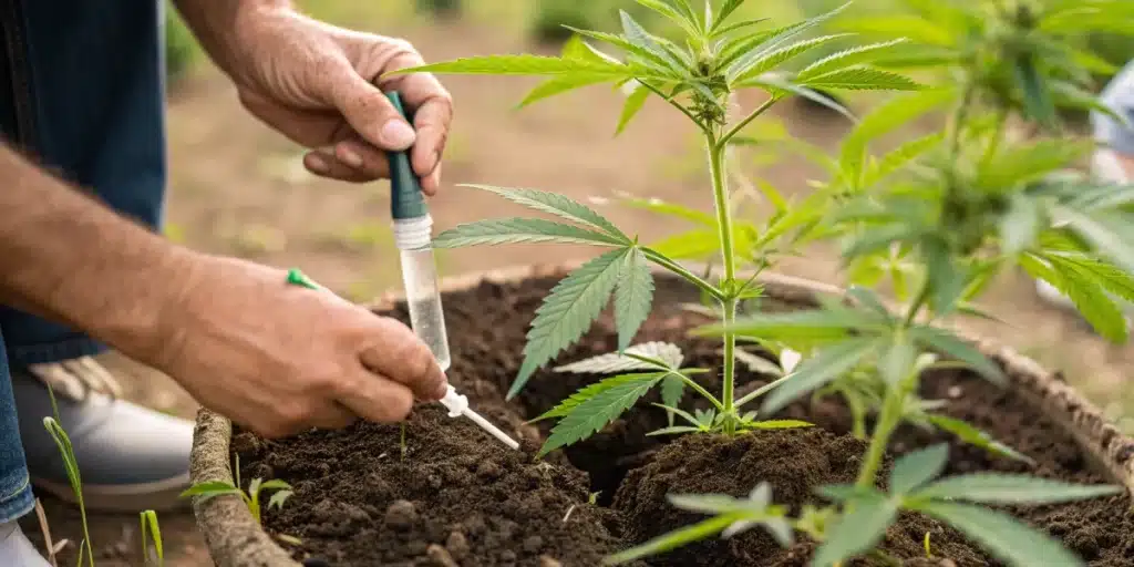 Close-up of applying the best fertilizer for weed outdoor to ensure nutrient-rich soil and vigorous growth in a cannabis garden.