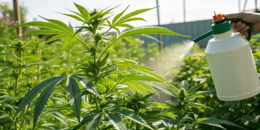 Outdoor cannabis garden being nourished with the best fertilizer for weed outdoor, showcasing robust plant growth under natural sunlight.