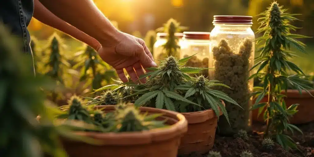 A close-up of a marijuana plant growing in a pot outdoors, with fresh buds and curing jars in the background. Discover the best techniques for growing cannabis in containers for optimal results.