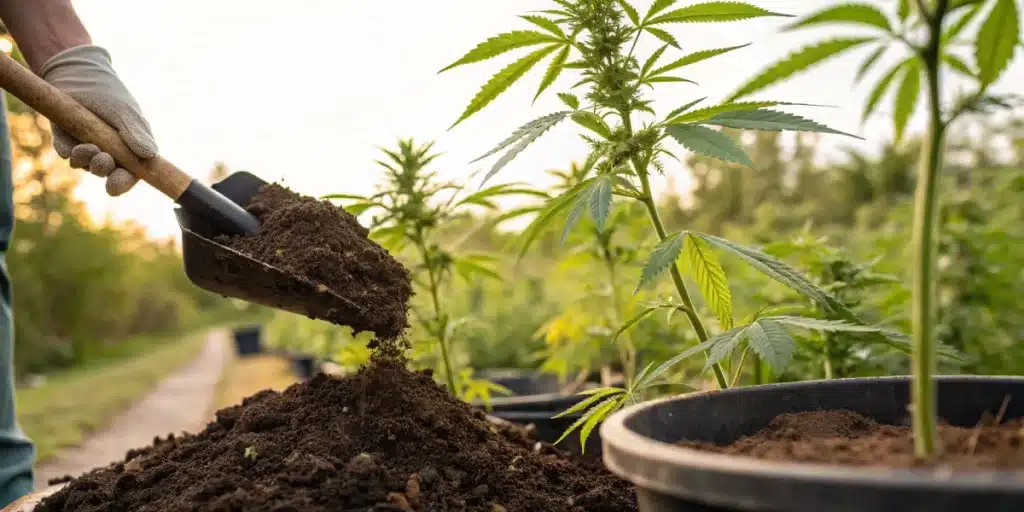 Adding nutrient-rich organic soil to potted cannabis plants outdoors.