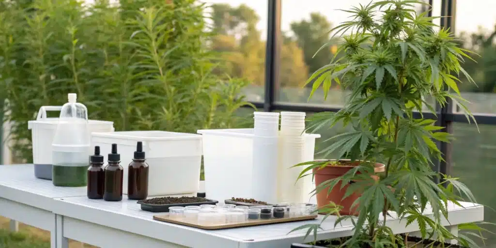 Synthetic nutrients and supplements on a table next to a potted cannabis plant.