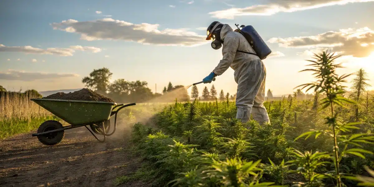 Farm worker in protective suit spraying a cannabis field with a backpack sprayer at sunset, with a wheelbarrow.