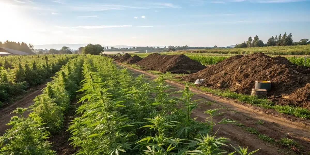 Extensive outdoor cannabis field with rows of plants, dirt paths, and large piles of dark soil under a bright sky.