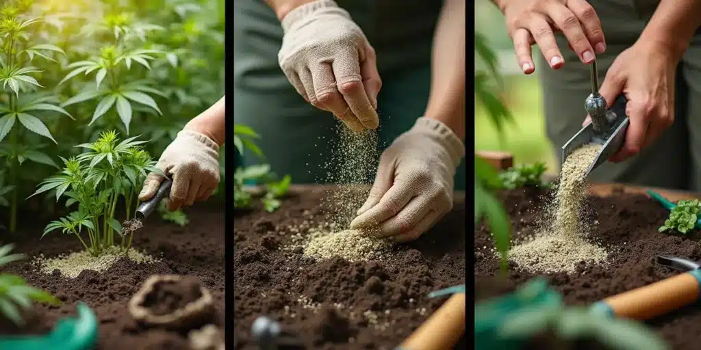 Applying organic outdoor weed fertilizer for healthy cannabis growth.