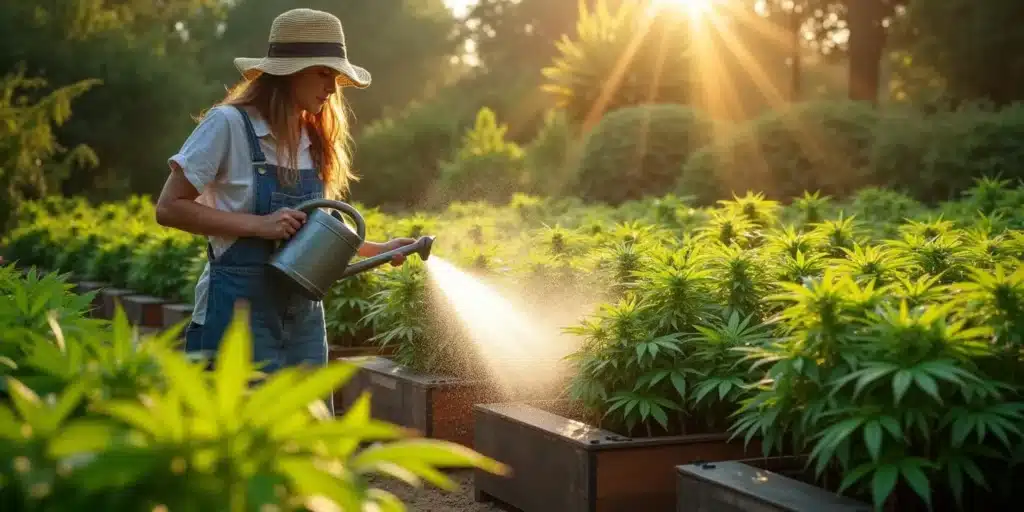 A woman in a straw hat watering cannabis plants in raised beds under sunlight, ensuring optimal growth conditions.