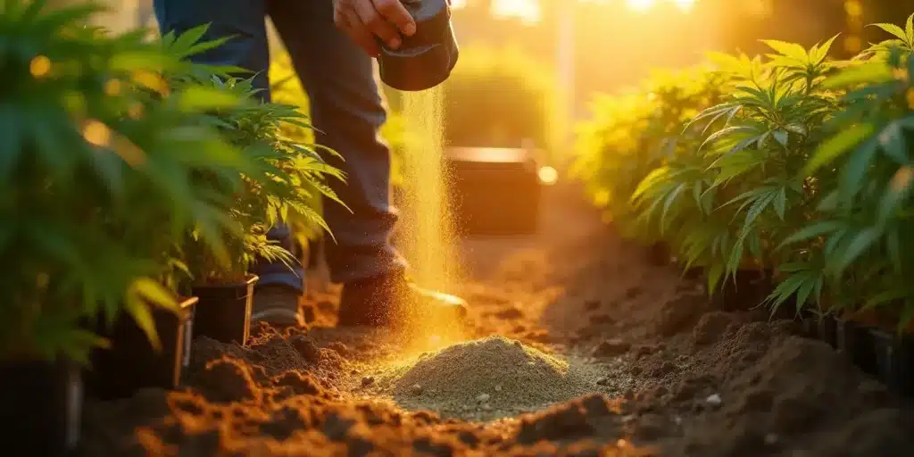 Grower applying powdered fertilizer to outdoor cannabis plants for healthy growth.
