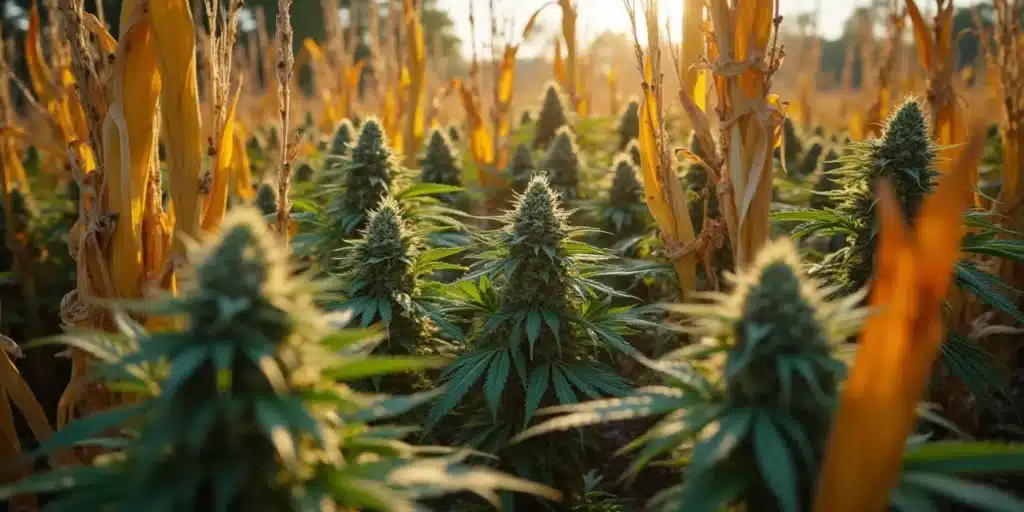 Cannabis plants growing densely among dried corn stalks using biointensive agriculture techniques.