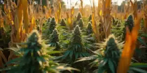 Cannabis plants growing densely among dried corn stalks using biointensive agriculture techniques.