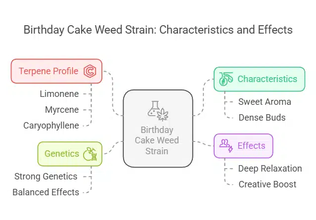 Infographic displaying the characteristics, effects, genetics, and terpene profile of Birthday Cake Weed Strain with color-coded categories