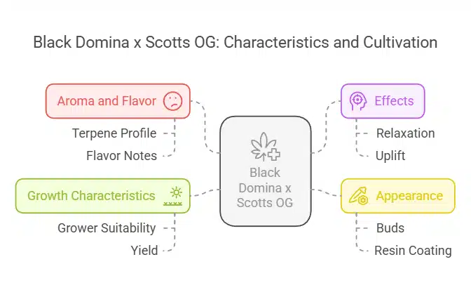 Infographic displaying the characteristics, effects, aroma, and growth traits of Black Domina x Scotts OG, organized in a color-coded format