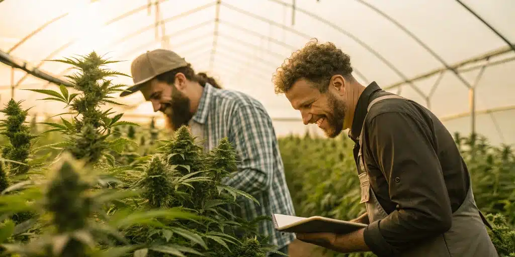 Growers checking cannabis plants, symbolizing trust in Blimburn Seeds.