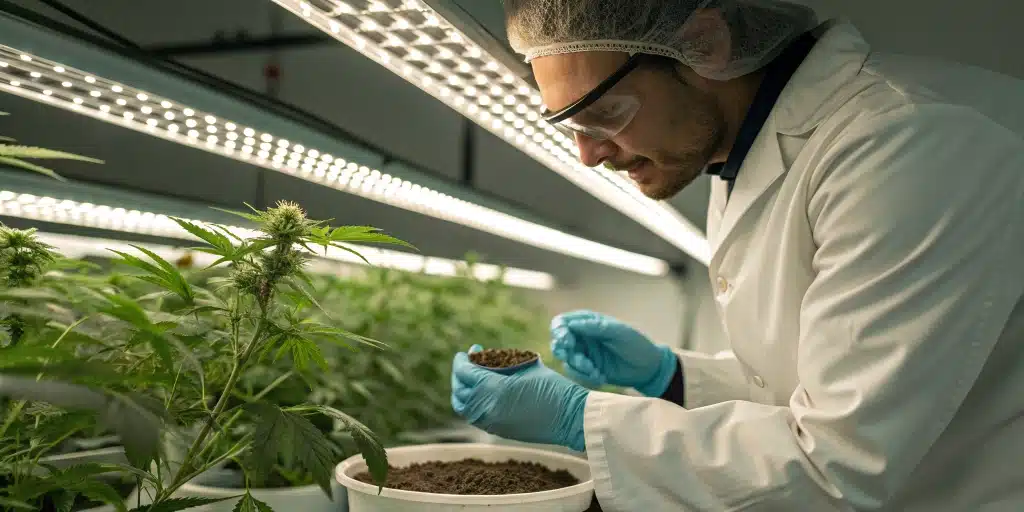 Breeder inspecting seeds, showcasing Blimburn Seeds' dedication to quality.