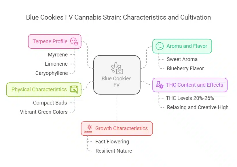 Infographic displaying the characteristics, effects, aroma, and terpene profile of Blue Cookies FV, organized in a color-coded format
