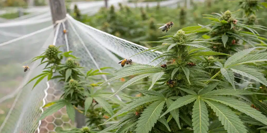 Close-up view of netting, sticky traps, and beneficial insects used to protect your outdoor grow from bugs naturally in a cannabis garden.
