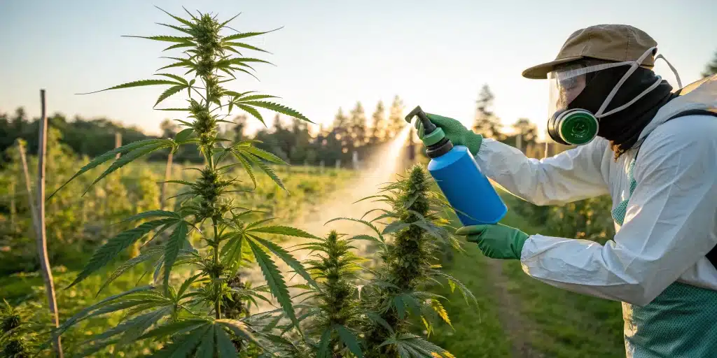 Grower applying a DIY natural spray to protect your outdoor grow from bugs naturally, demonstrating a chemical-free pest control method.