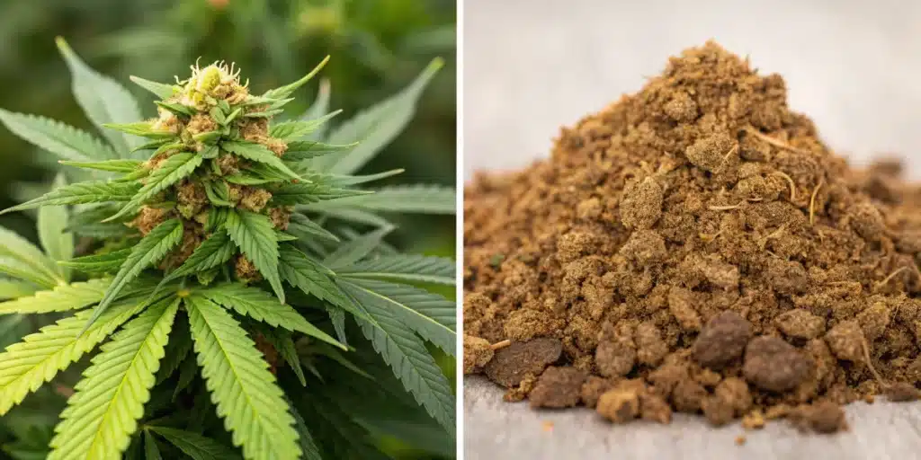 Side-by-side comparison of CBD Flower and CBD Biomass illustrating key differences.