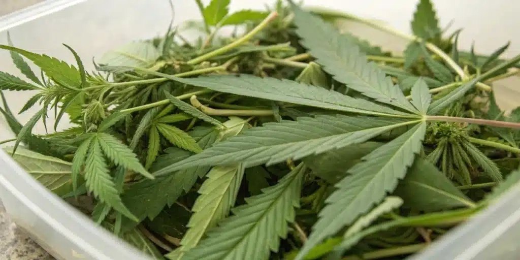 Close-up of raw CBD Biomass in a container, showcasing plant leaves and stems.