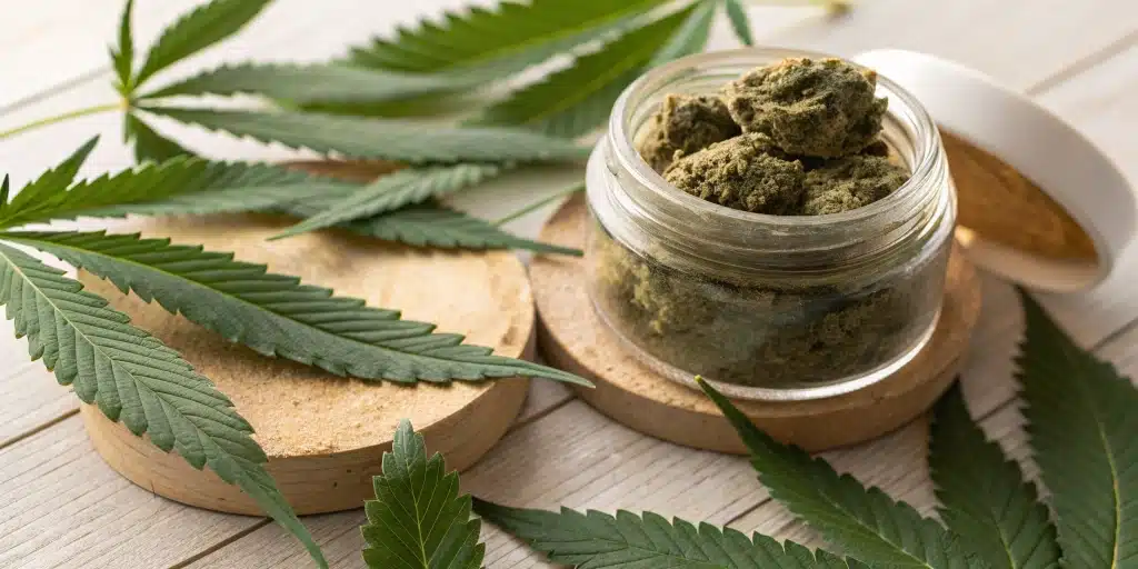 CBD Moonrock jar on wooden surface with cannabis leaves under soft natural light.