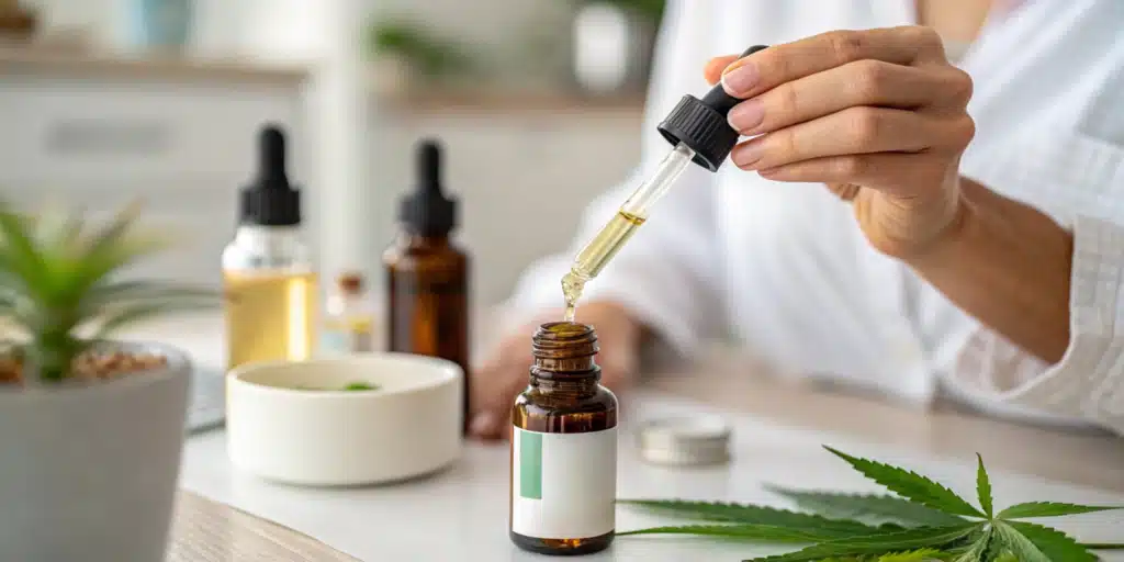 Hand using a dropper to extract CBD oil from a brown glass bottle with cannabis leaves on a bright, natural background.