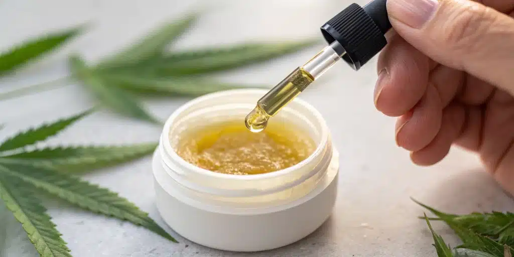 Artistic flat lay of CBD Sugar Wax with sugar crystals, fresh herbs, and CBD bottles on a rustic table.