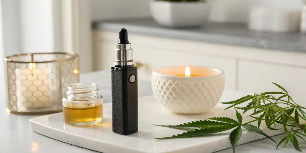Person using a vaporizer with CBD Sugar Wax in a cozy modern living room, reflecting calm and wellness