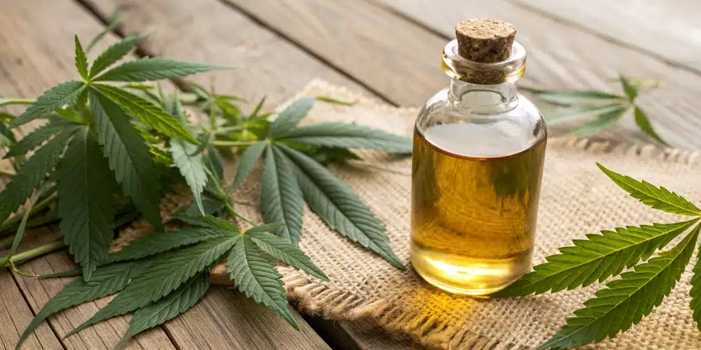 CBD Syrup bottle surrounded by hemp leaves on a wooden table in natural light.