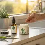 Elderly hand reaching for CBD topical cream beside a dropper bottle and cannabis leaves in a sunlit kitchen.