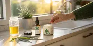 Elderly hand reaching for CBD topical cream beside a dropper bottle and cannabis leaves in a sunlit kitchen.