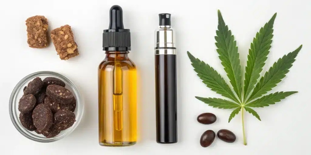 Visual representation of consumption methods for CBD and CBG featuring oil drops, edibles, and vape pens.