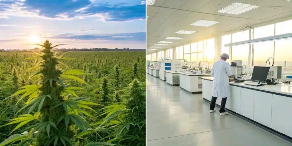 Split-screen image of a laboratory testing cannabinoids and a field of industrial hemp, highlighting the CBD vs Hemp comparison.