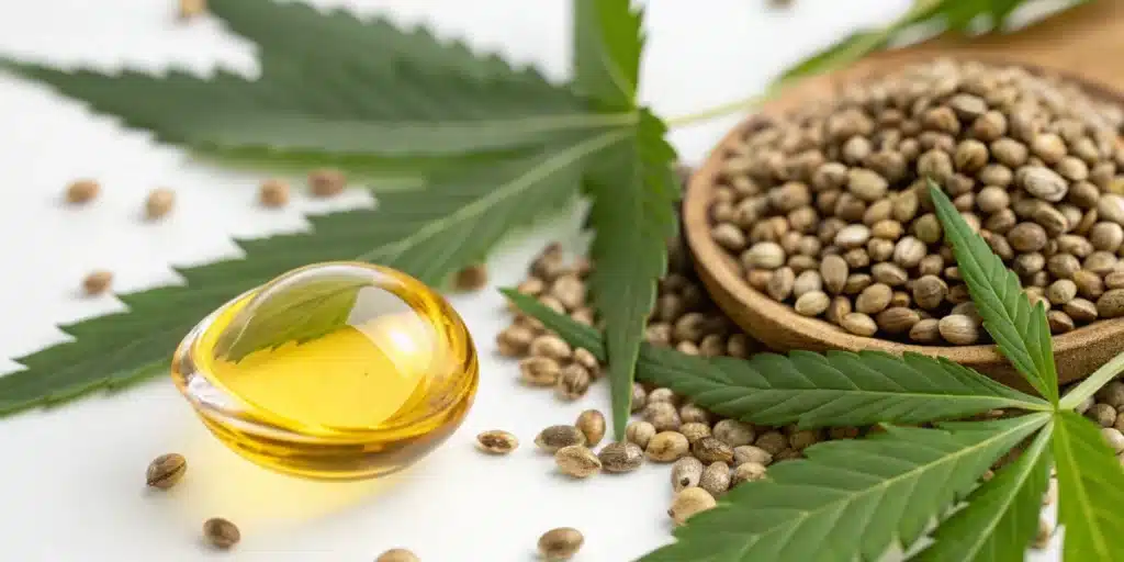 Close-up of CBD oil droplets and hemp seeds showing natural textures and vibrant details.