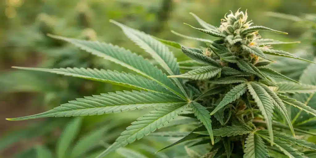Close-up of a lush, vibrant green cannabis bud with prominent white pistils and leaves.  