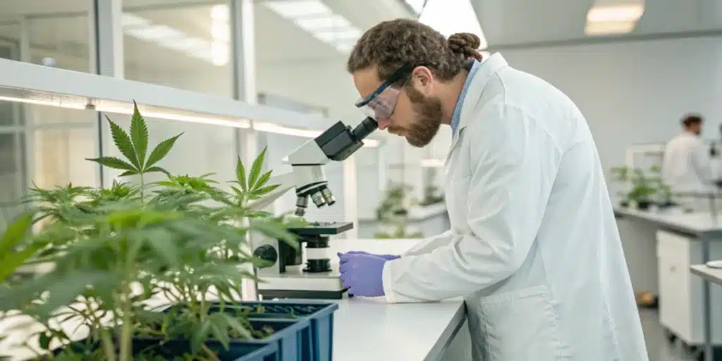 Scientist in lab coat and goggles examining a cannabis plant under a microscope in a laboratory.