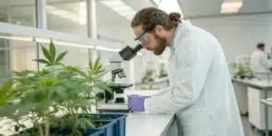 Scientist in lab coat and goggles examining a cannabis plant under a microscope in a laboratory.